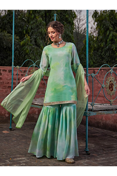 Sassafras By Styli Lime Green Tie-Dye Kurta, Sharara and Dupatta Set