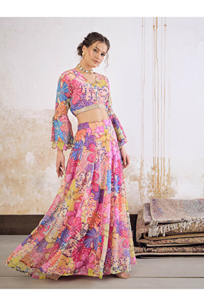 Sassafras By Styli Pink Floral Frill Sleeves Crop Top with Anarkali Skirt
