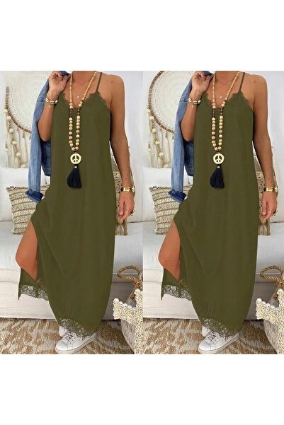 MODA Rochie de damă kaki din viscoză cu detaliu din dantelă 3798