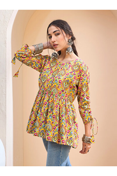 Sassafras By Styli Yellow Floral Ruching Dori Sleeves Peplum Kurti