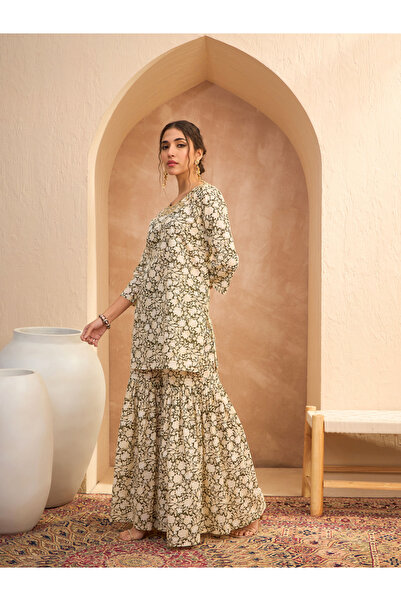 Sassafras By Styli Olive Floral Embroidered Kurta and Sharara Set