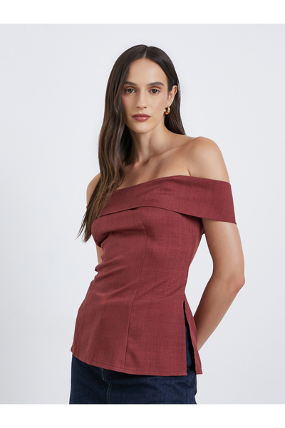 Styli Solid Off Shoulder Blouse with Side Slit Detail