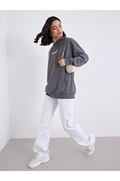 Styli Charcoal Slogan Print Oversized Hoodie