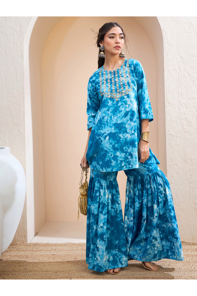 Sassafras By Styli Blue Tie-Dye Embroidered Kurta and Sharara Set