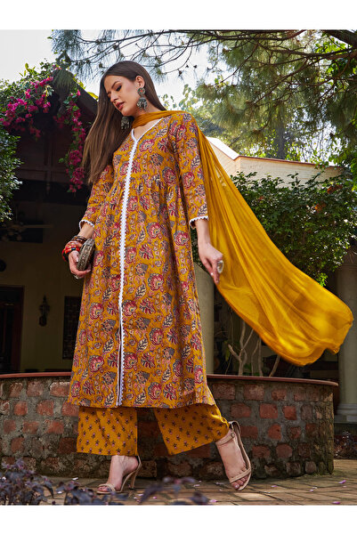 Sassafras By Styli Mustard Floral Front Slit Kurta with Pencil Pants and Dupatta Set