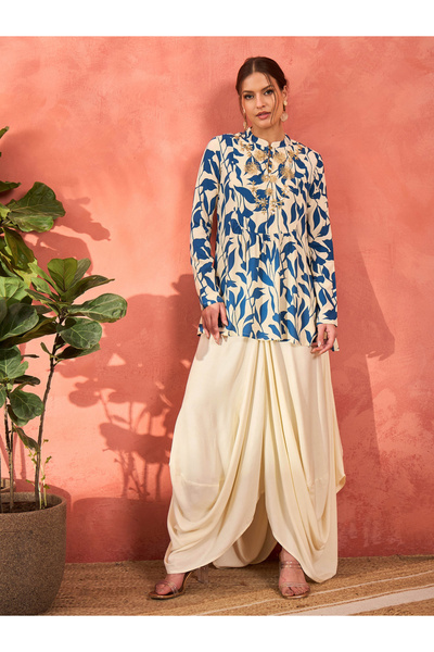 Sassafras By Styli Blue Floral Embroidered Rayon Peplum Top with Solid Dhoti Skirt Set