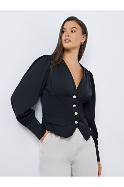 Styli بلوزة سادة بأكمام منفوخة وأزرار