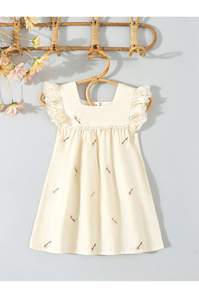 Styli Girls Cream Cotton Embroidered Lace Trim Dress