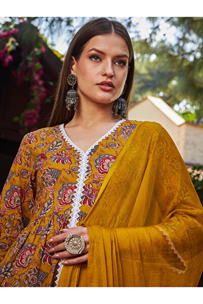 Sassafras By Styli Mustard Floral Front Slit Kurta with Pencil Pants and Dupatta Set