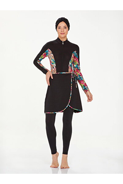 Maresiva By Styli 4-Piece Black Printed Panel Burkini Set