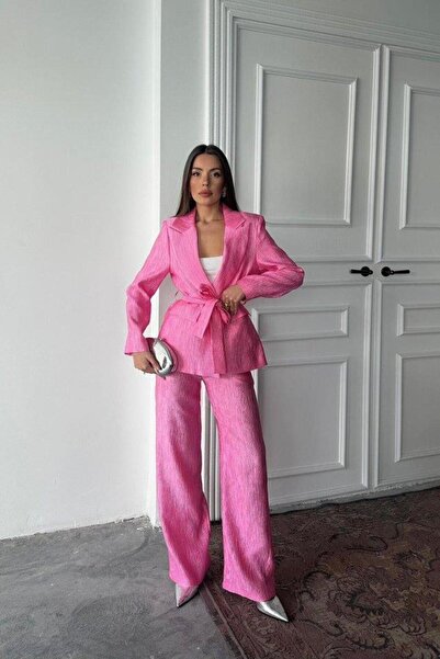 moda wanilia Set strălucitor de jachetă și pantaloni cu brâu în talie roz