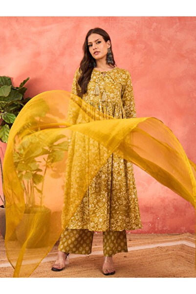 Sassafras By Styli Yellow Floral Front Dori Gathered Kurta with Pencil Pants and Dupatta Set
