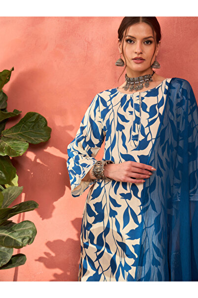 Sassafras By Styli White and Blue Floral Rayon Kurta with Salwar and Dupatta Set