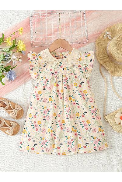 Styli Girls Beige Cotton Floral Peter Pan Dress
