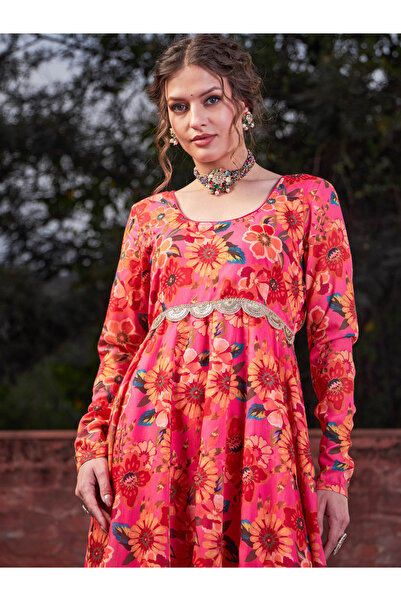 Sassafras By Styli Pink Floral Poly Muslin Anarkali Kurta