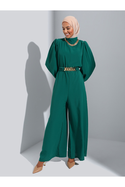 Refka By Styli Green Wide Leg Jumpsuit with Chain Belt