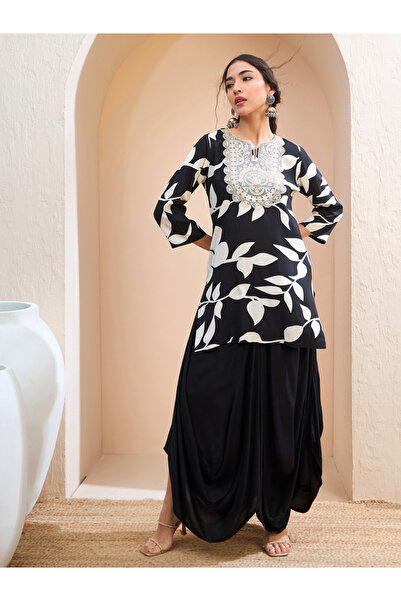Sassafras By Styli Black Floral Embroidered Kurta and Dhoti Skirt Set