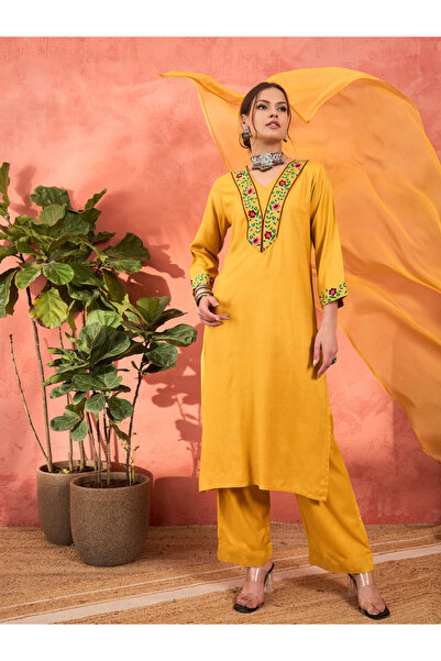Sassafras By Styli Mustard Rayon Embroidered Kurta with Pencil Pants and Dupatta Set