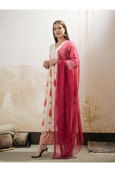 Sassafras By Styli White and Red Floral Gathered Kurta with Pencil Pants and Dupatta Set