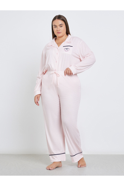 Styli Plus Bow Print Pocket Striped Shirt and Pyjama Set