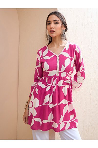 Sassafras By Styli Pink Floral V Neck Peplum Kurti