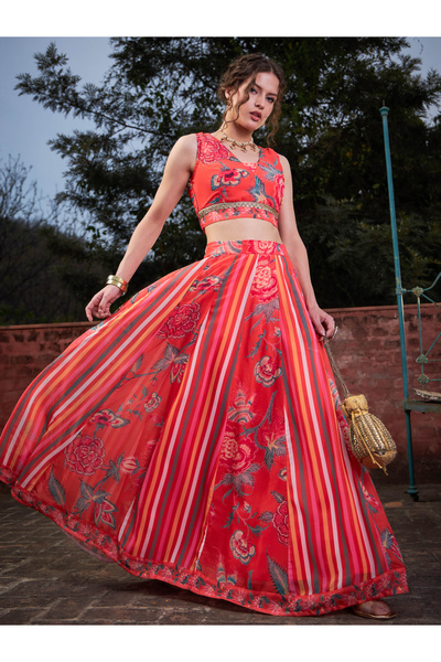 Sassafras By Styli Red Floral Sleeveless Crop Top with Anarkali Skirt