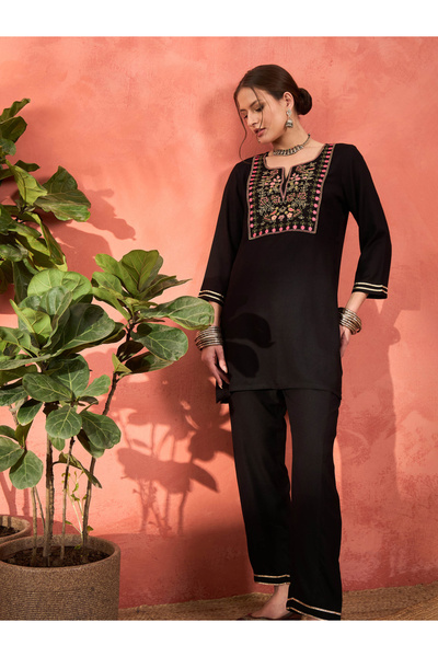 Sassafras By Styli Black Rayon Embroidered Short Kurta with Salwar Set