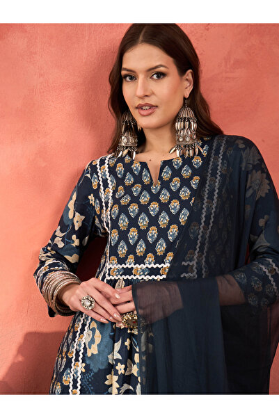 Sassafras By Styli Navy Floral Anarkali Kurta with Pencil Pants and Dupatta Set