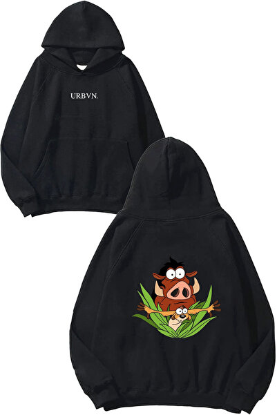 urbvn Timon Design Printed Oversize Black Hooded Sweatshirt