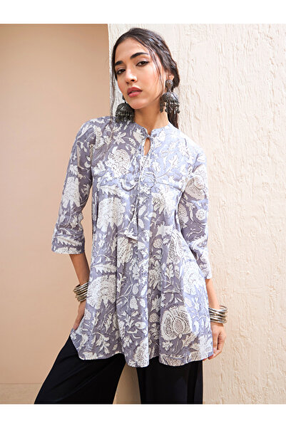 Sassafras By Styli Grey Floral Cambric Front Tie Knot Kurti