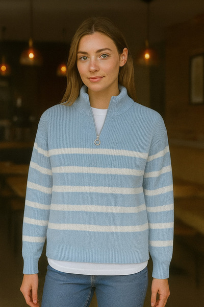 pepule Pulover de damă, albastru, alb, cu jumătate de fermoar, cu guler și de...