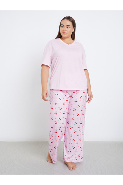 Styli Plus Cherry Print V Neck T-Shirt and Pyjama Set