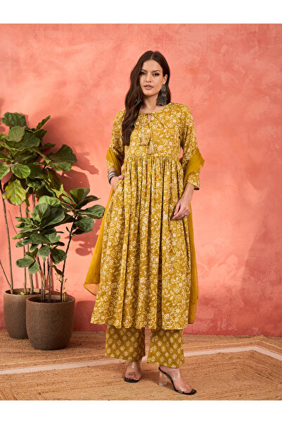 Sassafras By Styli Yellow Floral Front Dori Gathered Kurta with Pencil Pants and Dupatta Set