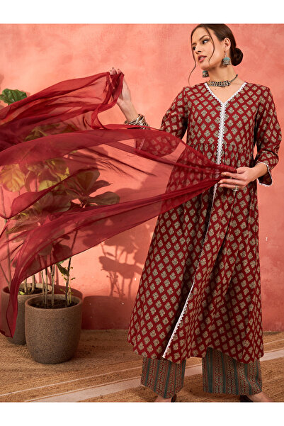 Sassafras By Styli Maroon Floral Front Slit Kurta with Pencil Pants and Dupatta Set