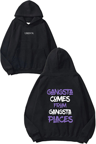 urbvn Gangsta Places Design Printed Oversize Black Hooded Sweatshirt