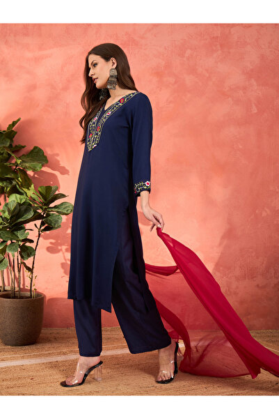 Sassafras By Styli Navy Rayon Embroidered Kurta with Pencil Pants and Dupatta Set