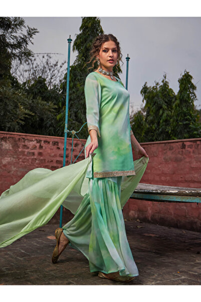 Sassafras By Styli Lime Green Tie-Dye Kurta, Sharara and Dupatta Set