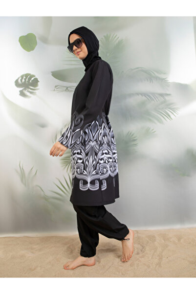 Mayo Bella By Styli Black Printed Hem Burkini Set