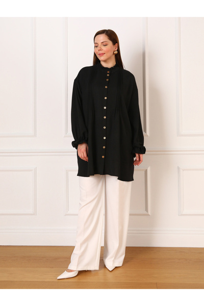 Alia By Styli Plus Black Tunic Top with Pintuck Detail
