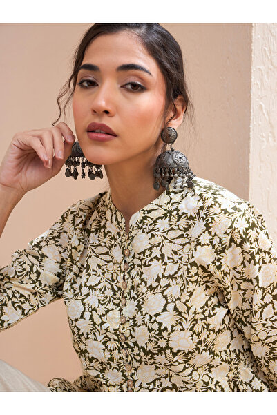 Sassafras By Styli Olive Floral Cambric Front Button Gathered Kurti