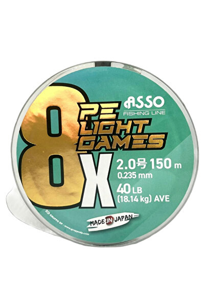 ASSO خيط صيد 8X Light Games PE 8 بوزن 40 رطل وسمك 0.235 ملم، خيط دوار 150 متر بلون أخضر طحلبي