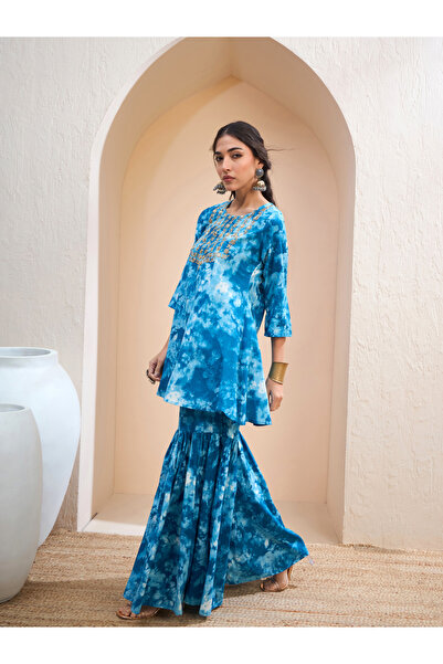 Sassafras By Styli Blue Tie-Dye Embroidered Kurta and Sharara Set