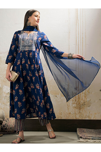 Sassafras By Styli Navy Floral Anarkali Kurta with Pants and Dupatta Set