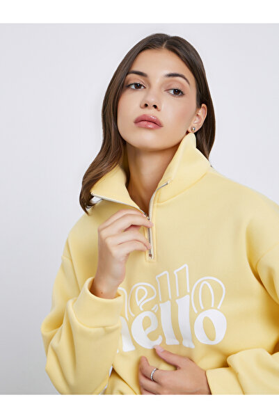Take Two By Styli Yellow Slogan Print Half Zip Sweater