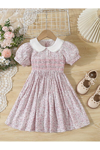 Styli فستان بناتي من القطن الأحمر بياقة بيتر بان مزهر