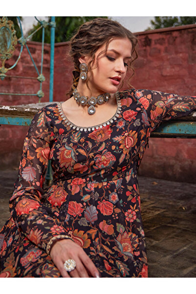 Sassafras By Styli Black Floral Anarkali Kurta with Straight Pants Set