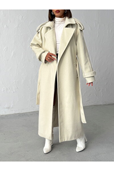 BEJNA Women's Cream Belted Long Cashmere Coat with Pockets