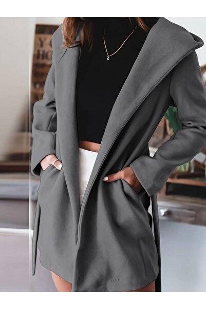 Genel Markalar Kadın Uzun Kollu Belden Kuşaklı Kapşonlu Kısa Kaşe Kaban