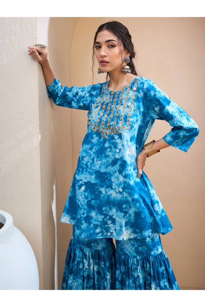 Sassafras By Styli Blue Tie-Dye Embroidered Kurta and Sharara Set