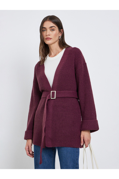 Styli Burgundy Belted Knitted Cardigan